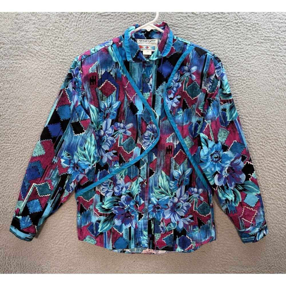 Vintage Wrangler Shirt Womens Medium Multicolor Floral Aztec Western Rodeo 1990s